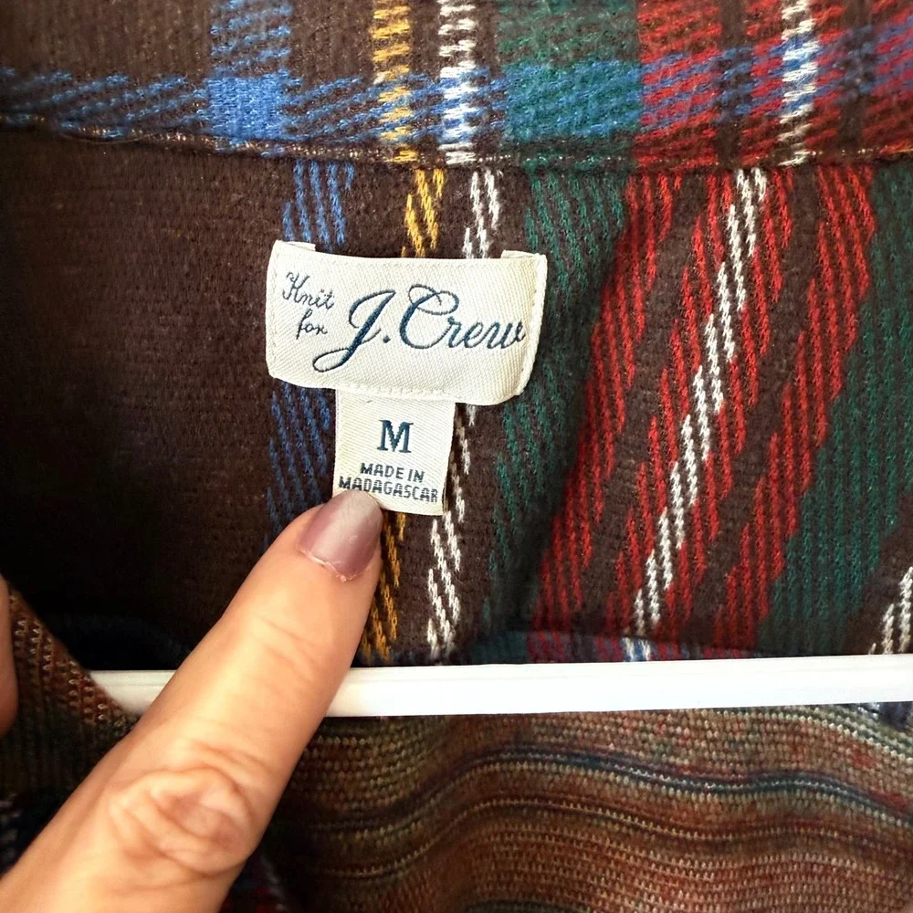 J. Crew Mens M Brown Plaid Knit Button Down Shirt Flannel Gorpcore Hiking outdoo